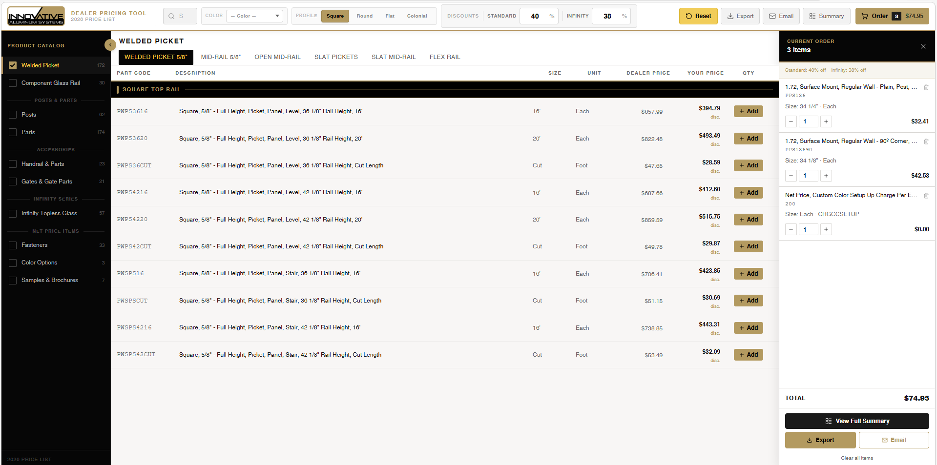 Dealer pricing after: a filterable product catalog with live discount logic and order export