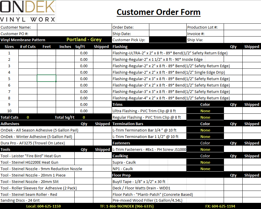 Order form before: a printed Excel sheet with manual product and quantity columns